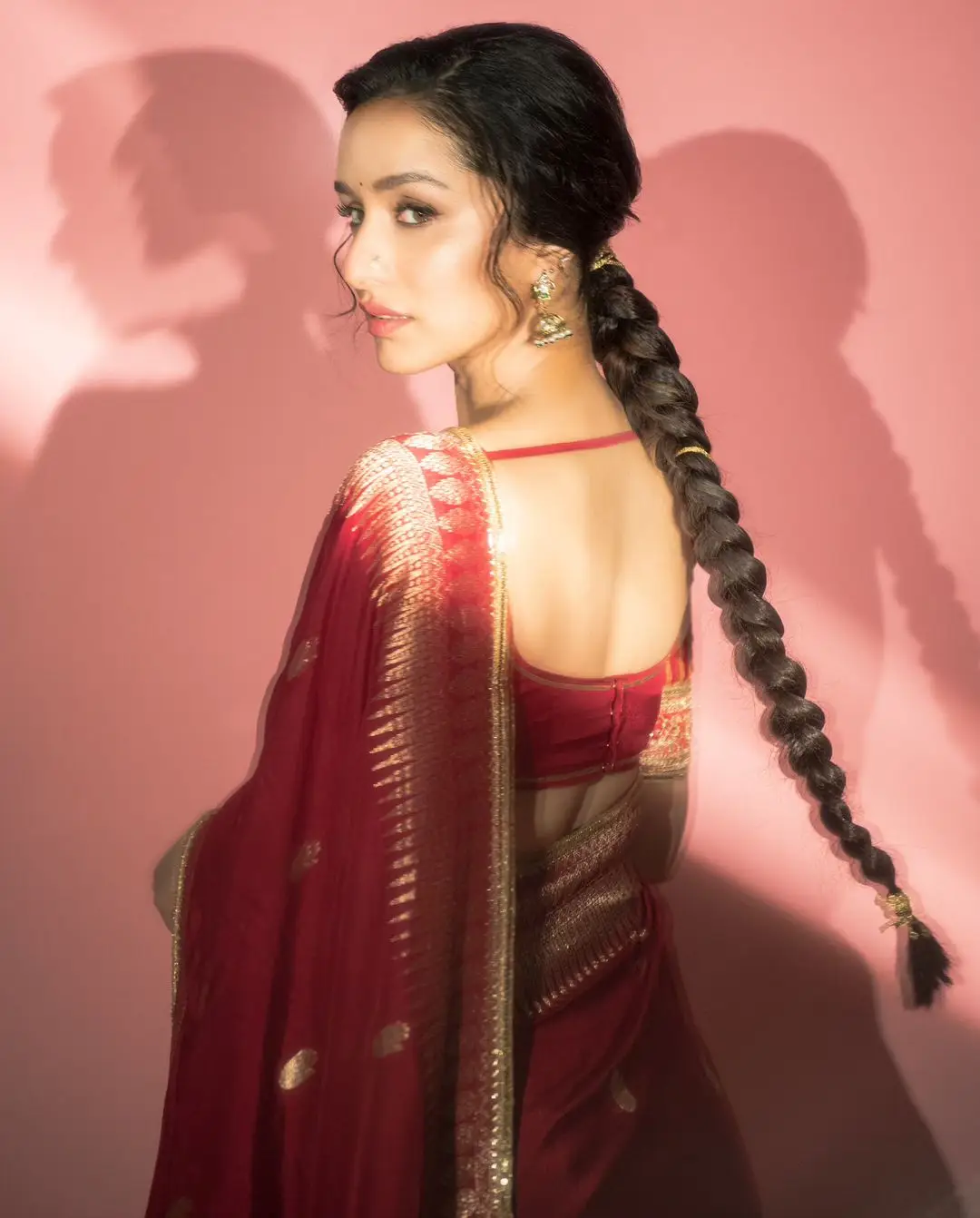 Shraddha Kapoor Wearing Beautiful Earrings Jewellery Red Saree